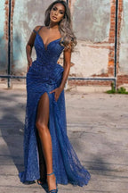 BMbride Sexy Blue V-neck Off-the-shoulder Sequined Prom Dress With Slit BMbride