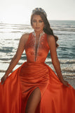 BMbride Sexy Deep V-Neck Crystals Satin Mermaid Prom Dress with Sweep Train Side Slit BMbride