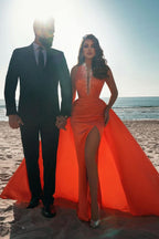 BMbride Sexy Deep V-Neck Crystals Satin Mermaid Prom Dress with Sweep Train Side Slit BMbride