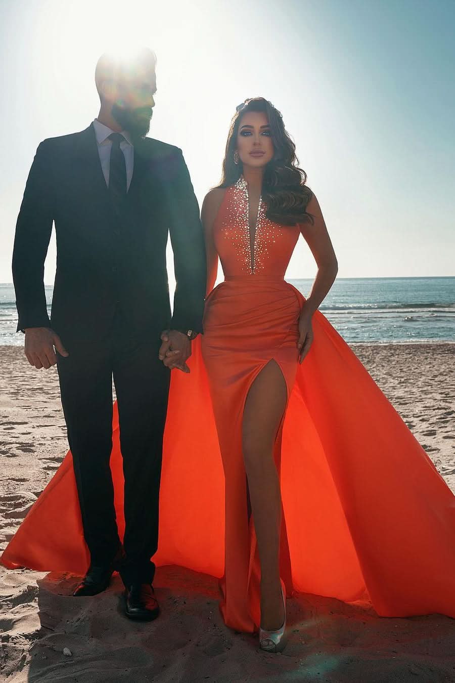 BMbride Sexy Deep V-Neck Crystals Satin Mermaid Prom Dress with Sweep Train Side Slit BMbride