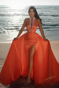 BMbride Sexy Deep V-Neck Crystals Satin Mermaid Prom Dress with Sweep Train Side Slit BMbride