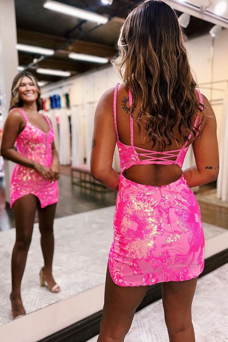 Deep V Neck Sequin Applique Short Homecoming Dress BM bride
