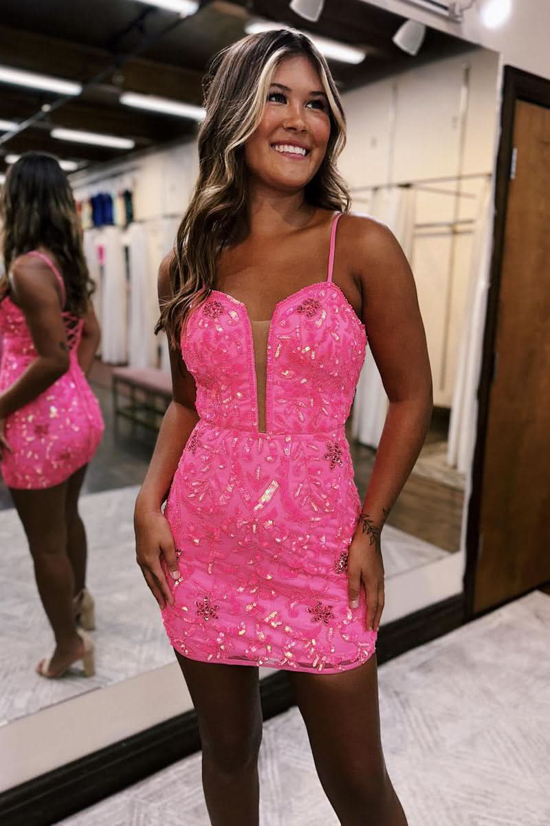 Sexy Deep V Neck Pink Sheath/Column Short Homecoming Dress BM bride