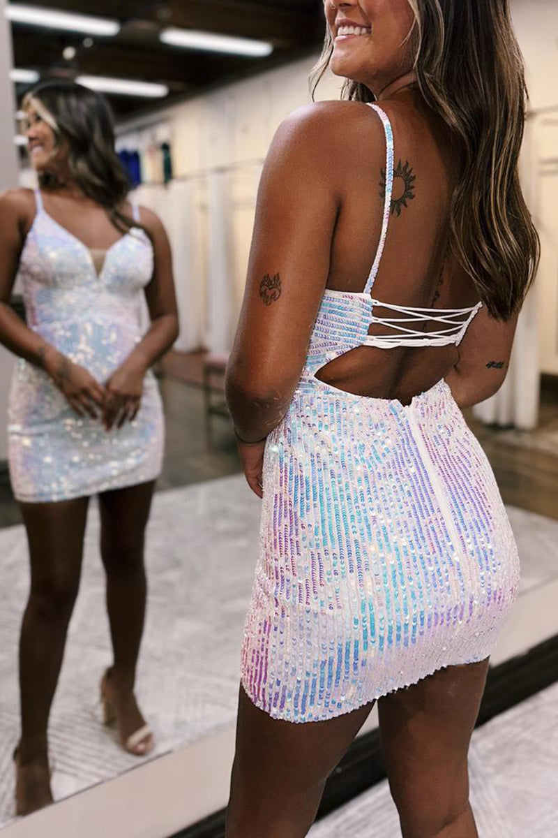 Stunning Fitted V-Neck Spaghetti Straps Sequined Dress for Glamorous Homecoming BM bride
