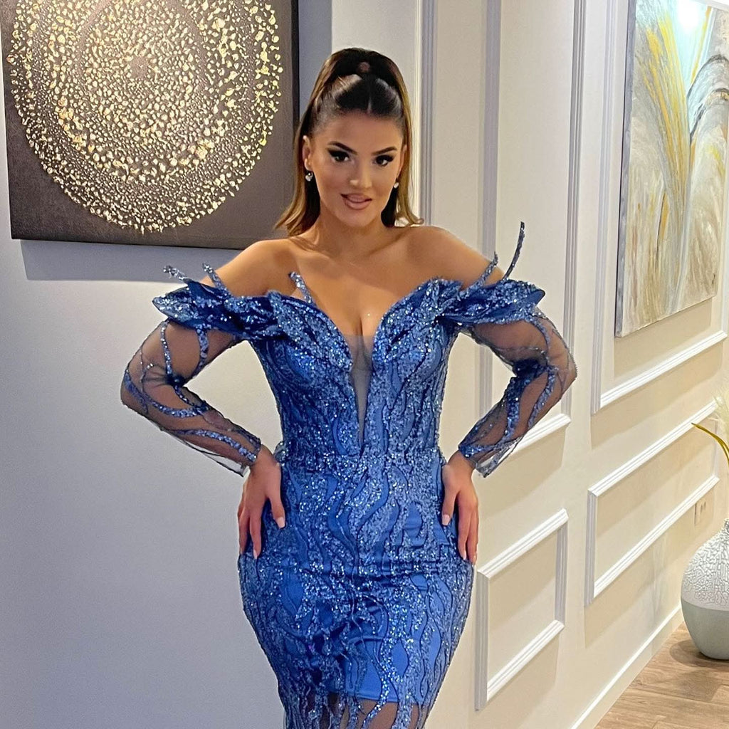 BMbride Sexy Floor Length V-Neck Long Sleeves Sheath Mermaid Lace Prom Dress BMbride