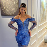 BMbride Sexy Floor Length V-Neck Long Sleeves Sheath Mermaid Lace Prom Dress BMbride
