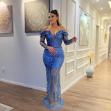 BMbride Sexy Floor Length V-Neck Long Sleeves Sheath Mermaid Lace Prom Dress BMbride