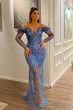 BMbride Sexy Floor Length V-Neck Long Sleeves Sheath Mermaid Lace Prom Dress BMbride