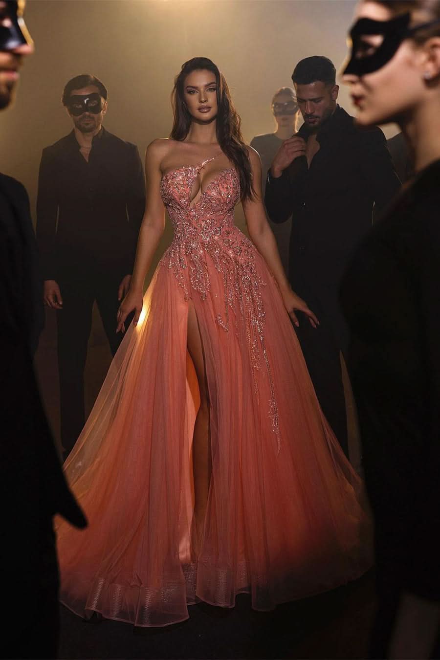 Sexy Long A-line Pink Sleeveless One-Shoulder Tulle Prom Dresses With Rhinestone for a Dazzling Look BM bride