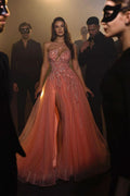 Sexy Long A-line Pink Sleeveless One-Shoulder Tulle Prom Dresses With Rhinestone for a Dazzling Look BM bride