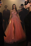 Sexy Long A-line Pink Sleeveless One-Shoulder Tulle Prom Dresses With Rhinestone for a Dazzling Look BM bride