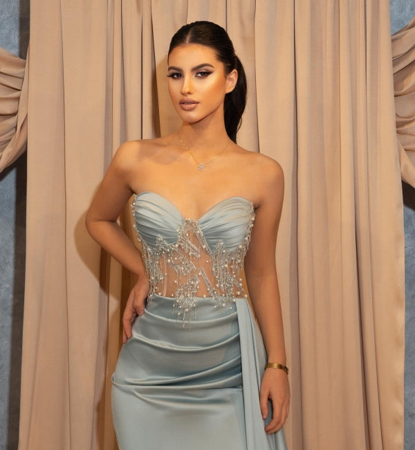 BMbride Sexy Long Blue Slit Glitter Mermaid Prom Dresses with Ruffles BMbride