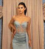 BMbride Sexy Long Blue Slit Glitter Mermaid Prom Dresses with Ruffles BMbride