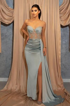 BMbride Sexy Long Blue Slit Glitter Mermaid Prom Dresses with Ruffles BMbride