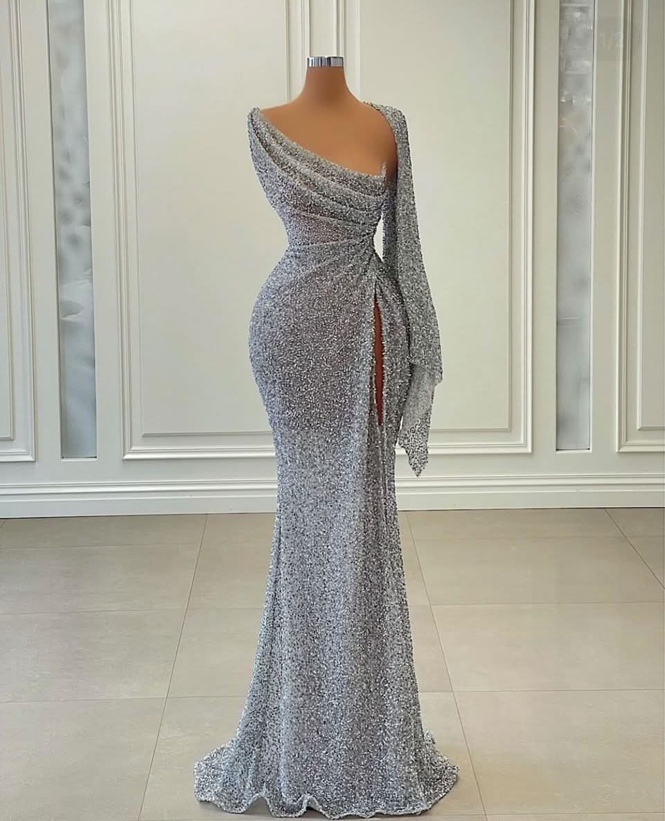 Captivating Sexy Long One Shoulder Sequins Slit Prom Dress Mermaid BM bride