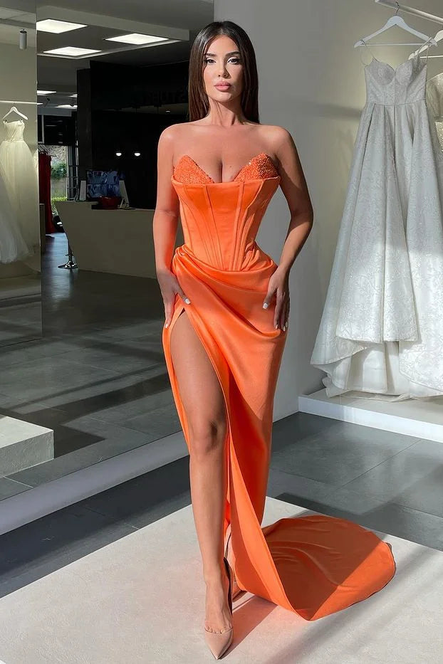 BMbride Sexy Long Orange V-neck Sequined Sleeveless Prom Dress With Slit BMbride
