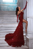 BMbride Sexy Long Red Glitter V-neck Sleeveless Sequined Mermaid Evening Dresses With Slit BMbride