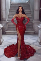 BMbride Sexy Long Red Glitter V-neck Sleeveless Sequined Mermaid Evening Dresses With Slit BMbride