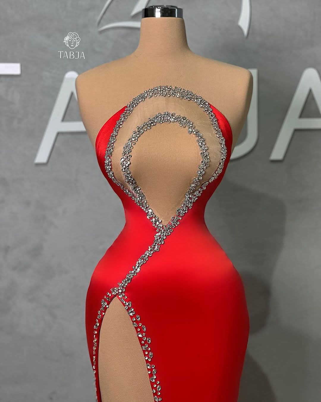 BMbride Sexy Long Red Mermaid Beading Sleeveless Prom Dress With Slit BMbride