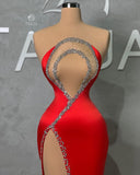 BMbride Sexy Long Red Mermaid Beading Sleeveless Prom Dress With Slit BMbride