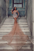 BMbride Sexy Long Tulle Mermaid Sequined Long Sleeves Prom Dress With Train BMbride