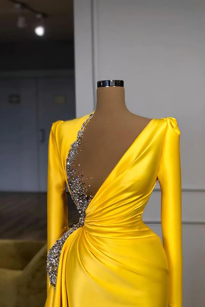 BMbride Sexy Long Yellow V-neck Sequined Split Prom Dress With Long Sleeves BMbride
