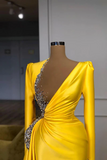 BMbride Sexy Long Yellow V-neck Sequined Split Prom Dress With Long Sleeves BMbride
