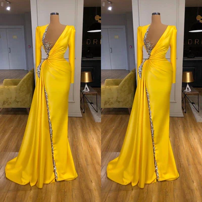 BMbride Sexy Long Yellow V-neck Sequined Split Prom Dress With Long Sleeves BMbride