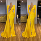 BMbride Sexy Long Yellow V-neck Sequined Split Prom Dress With Long Sleeves BMbride