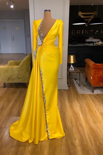 BMbride Sexy Long Yellow V-neck Sequined Split Prom Dress With Long Sleeves BMbride