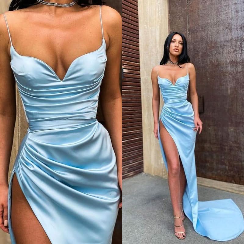 BMbride Sexy Mermaid Sweetheart Sky Blue Satin Long Prom Evening Dresses with High Split BMbride