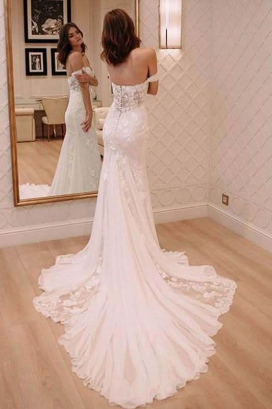BMbride Sexy Off Shoulder Appliqued Beach with Court Train Ivory Elegant Wedding Dresses BMbride