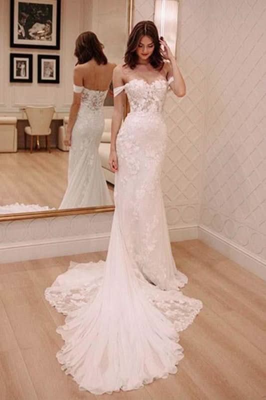 BMbride Sexy Off Shoulder Appliqued Beach with Court Train Ivory Elegant Wedding Dresses BMbride