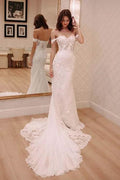 BMbride Sexy Off Shoulder Appliqued Beach with Court Train Ivory Elegant Wedding Dresses BMbride