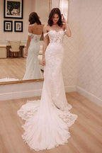 BMbride Sexy Off Shoulder Appliqued Beach with Court Train Ivory Elegant Wedding Dresses BMbride