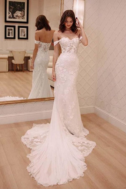 BMbride Sexy Off Shoulder Appliqued Beach with Court Train Ivory Elegant Wedding Dresses BMbride
