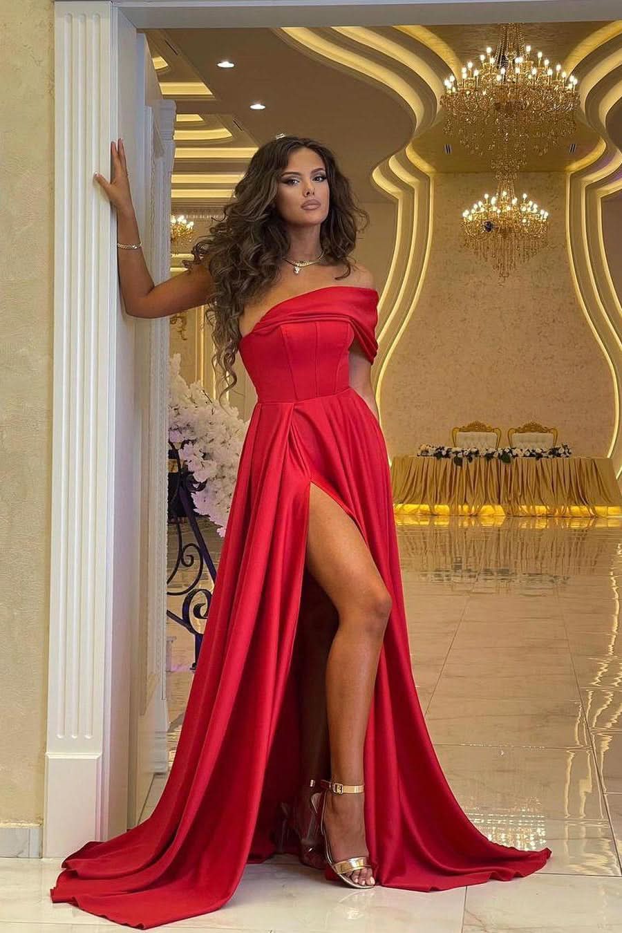 BMbride Sexy Off Shoulder Red Satin Evening Dress with Side Split Floor Length Party Dress BMbride