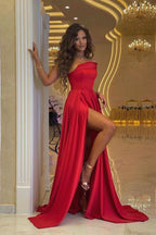BMbride Sexy Off Shoulder Red Satin Evening Dress with Side Split Floor Length Party Dress BMbride