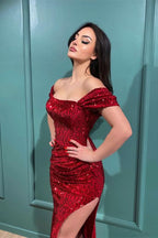 BMbride Sexy Off The Shoulder Front-Split Prom Dresses With Long Sleeves BMbride