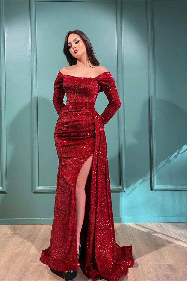BMbride Sexy Off The Shoulder Front-Split Prom Dresses With Long Sleeves BMbride