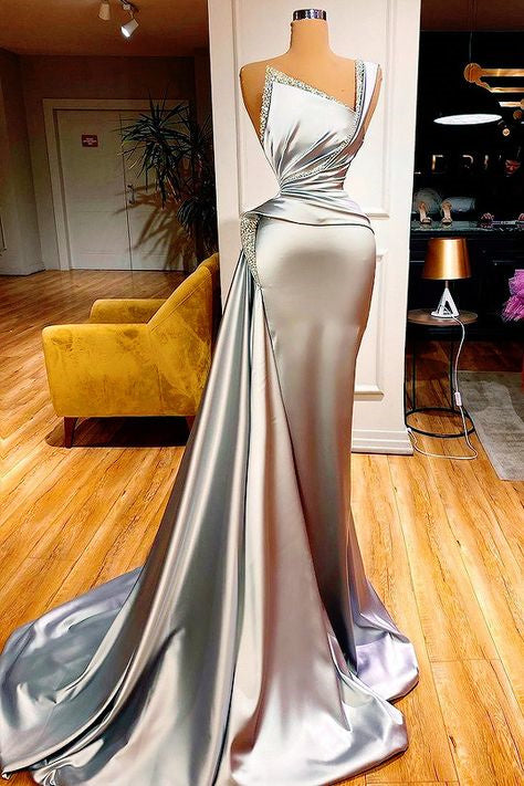 Sexy One Shoulder Slim Mermaid Evening Dress with Sweep Train BM bride