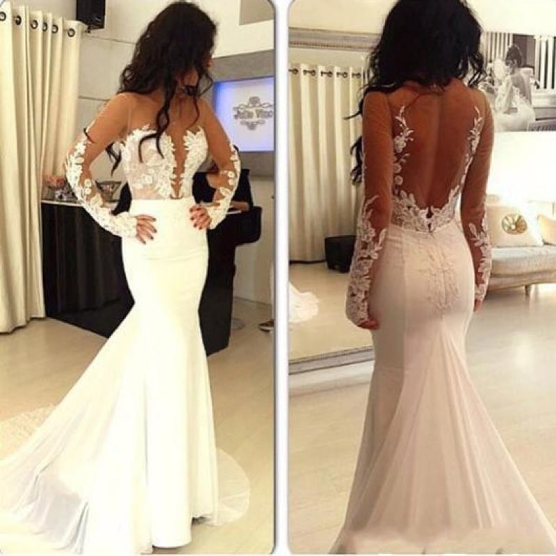 BMbride Sexy Pretty Mermaid Open Back Long Sleeve Elegant Wedding Dresses BMbride