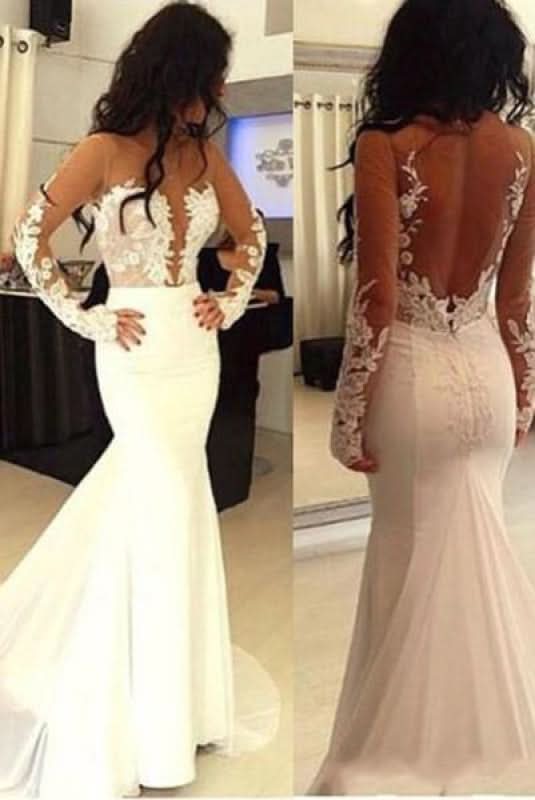 BMbride Sexy Pretty Mermaid Open Back Long Sleeve Elegant Wedding Dresses BMbride