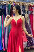 BMbride Sexy Red V-Neck Side Split Prom Dress Spaghetti Straps BMbride