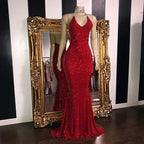 BMbride Sexy Sequins Sleeveless Mermaid Prom Dresses | Glitter Halter Red Evening Gowns BMbride
