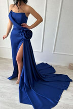BMbride Sexy Simple Long Royal Blue Strapless Satin Prom Dress With Slit BMbride