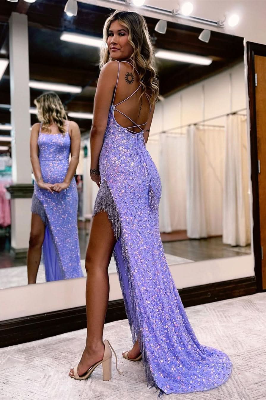 BMbride Sexy Spaghetti Straps Mermaid Sleeveless Sequined Prom Dress With Slit BMbride