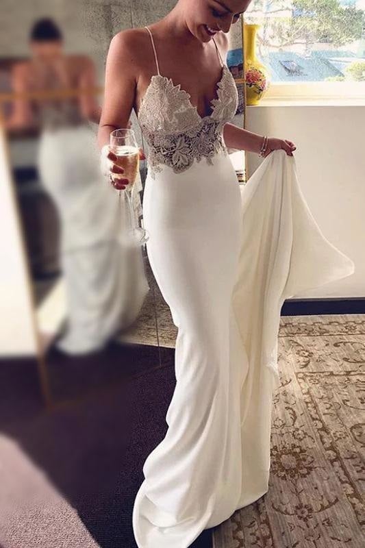 BMbride Sexy Spaghetti Straps Pretty Mermaid Long Beach Elegant Wedding Dresses with Lace BMbride