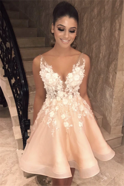 BMbride Sexy Spaghetti Straps V Neck Homecoming Dress | Chic Appliques Flowers Short Homecoming Dress BMbride