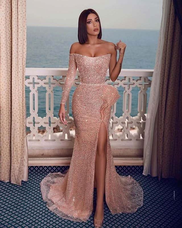 BMbride Sexy Sparkly Champagne Rose One-shoulder Side-slit Mermaid Long Prom Dresses BMbride